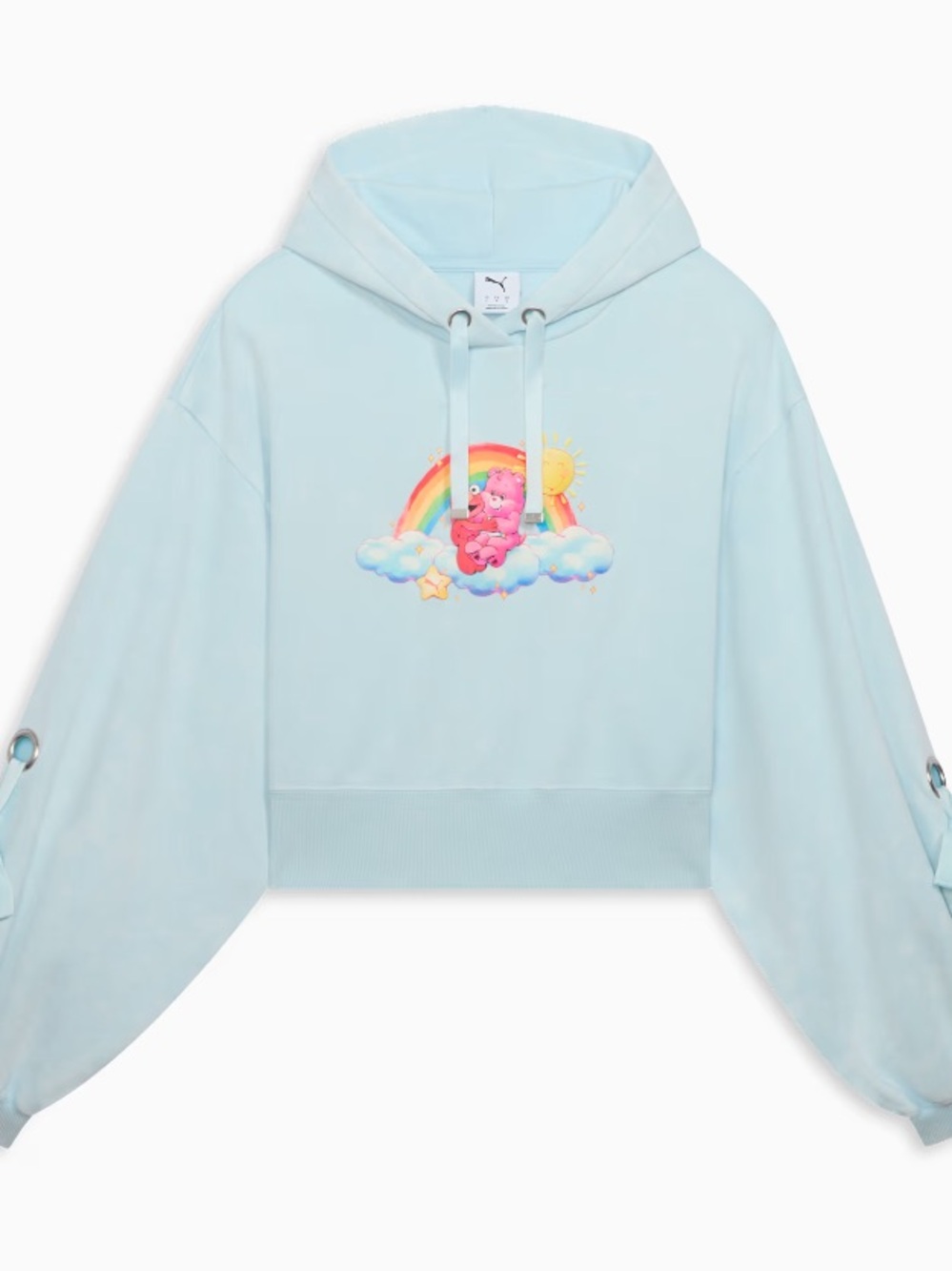 Puma Light Blue Cropped Hoodie with Care Bears Rainbow Graphic